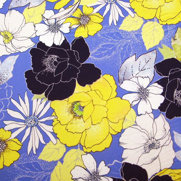 Digitaldruck Baumwoll- Stretch Satin große Blumen - flieder/gelb/hellgrün/wollweiss/nachtblau
