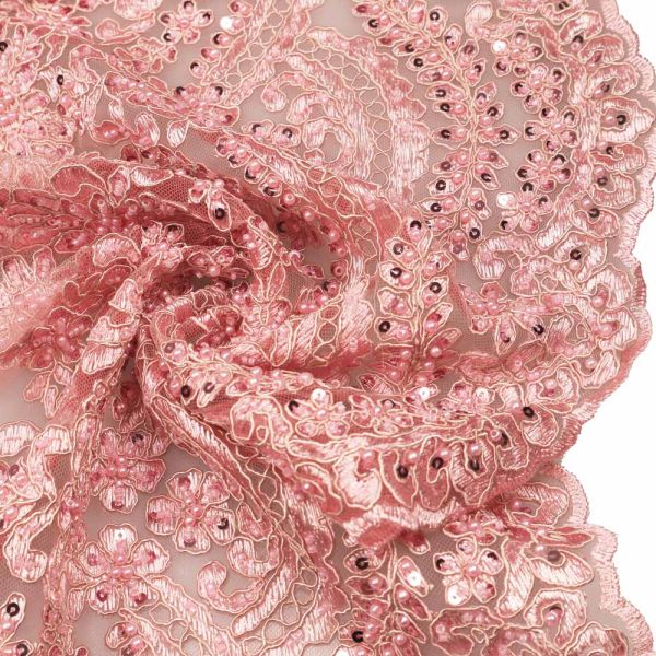 3D Bogen Tüll- Spitze mit Perlen & Pailletten uni - rosé