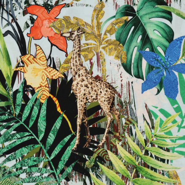 Viskosestoff Giraffe & Tropical-Print - helltürkis/kiwi/koralle/schwarz/grasgrün/maisgelb/hellbraun