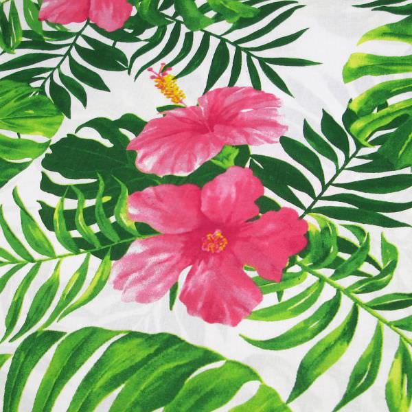 Baumwollstoff Tropische Blüten Hibiskus - weiss/himbeere/fuchsia/grün Öko-Tex Standard 100