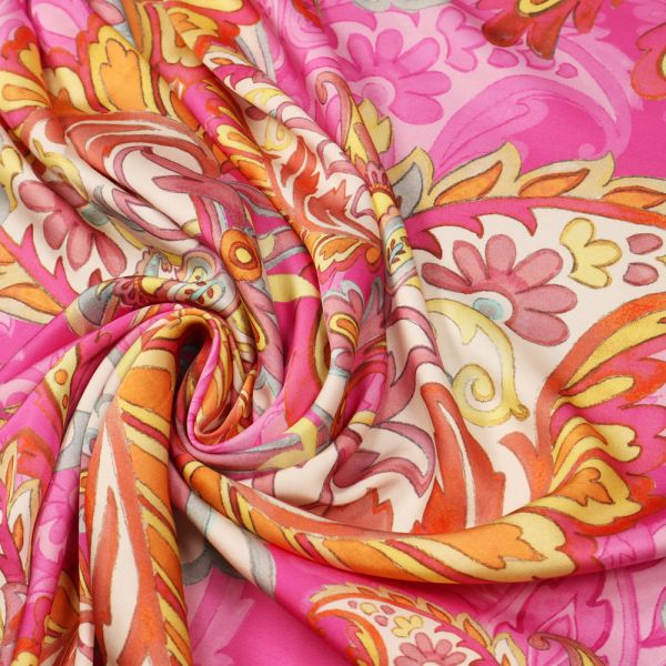 Javanaise Viskose Satin Paisley & Blumen Print - fuchsia/pink/gelb/orange