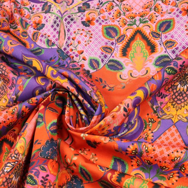 Stretch Baumwollstoff Orientalisches Motiv PANEL - koralle/orange/rosé/violett/lila