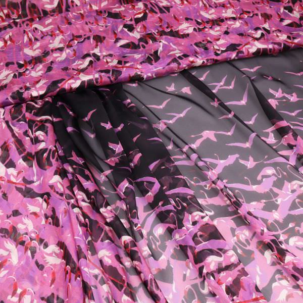 Italienische Seide Chiffon Flamingos PANEL - schwarz/fuchsia/violett/rot/wollweiss