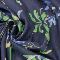 Viskose-Leinen Mix Blüten-Motiv - tintenblau/grün/gelbI/hellblau