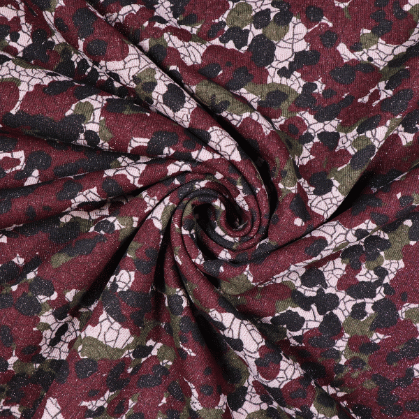 Sweatshirt Stoff Camouflage-Style & Lurex - wollweiss/bordeaux/olivgrün/dunkelbraun