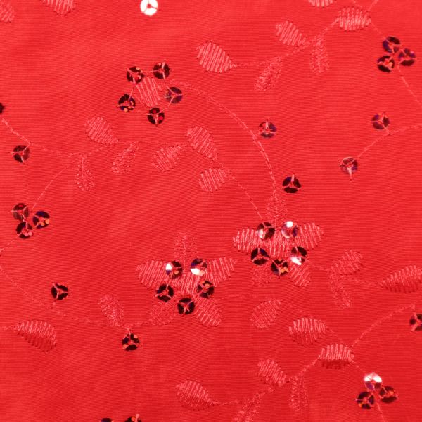 Trachtenstoff Taft mit Blumenranken-Stickerei & Pailletten uni - rot