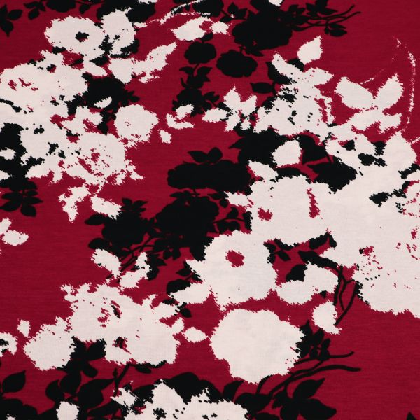 Viskosejersey mit Blumen-Motiv - dunkelrot/wollweiss/schwarz