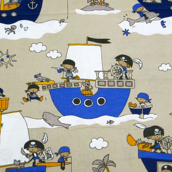 Kinderstoff Baumwollstoff Piratenschiff & Piraten - beige/weiss/blau/orange Öko-Tex Standard 100