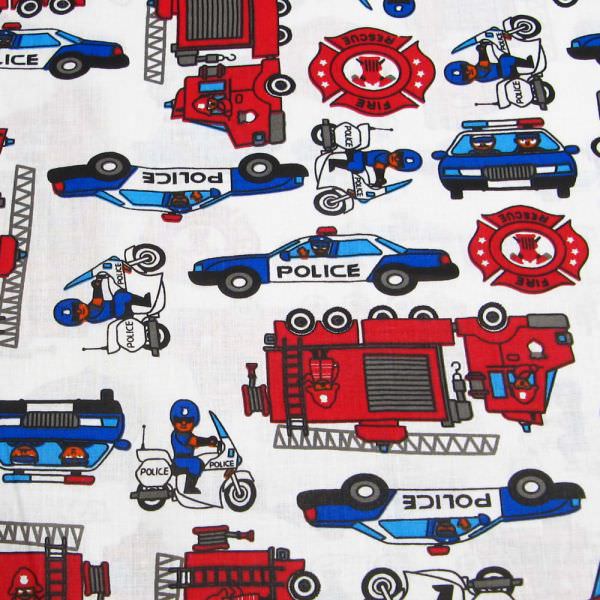 Kinderstoff Baumwollstoff Feuerwehr & Polizeiautos - weiss/rot/blau/türkis/schwarz Öko-Tex Standard