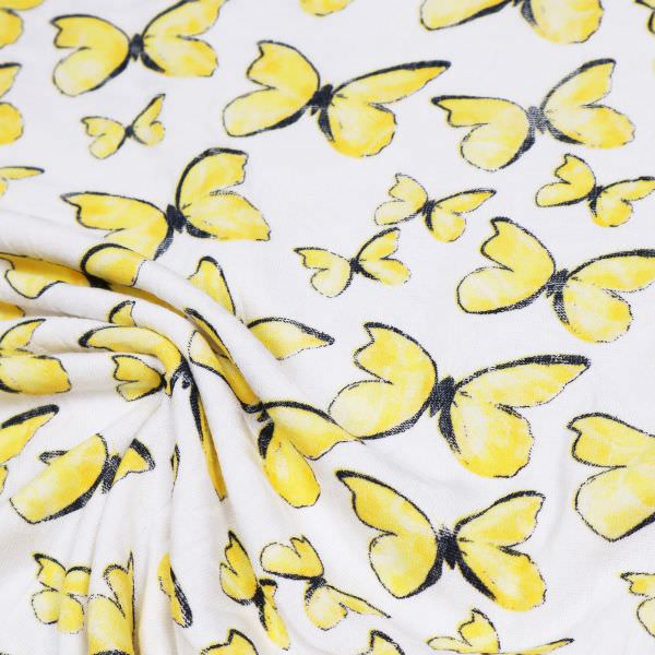 Stretch Feinstrick mit Schmetterlingen - weiss/gelb/schwarz