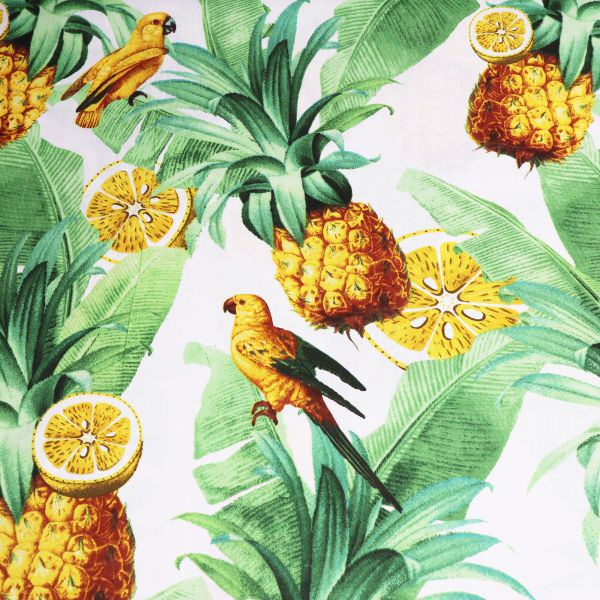 Baumwollstoff Ananas & Papageien - weiss/gelb/terrakotta/grün Öko-Tex Standard 100