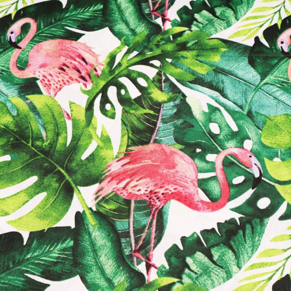 Baumwollstoff Flamingo & tropische Blätter - weiss/rosé/fuchsia/grün Öko-Tex Standard 100