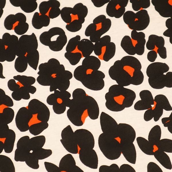 Baumwolljersey mit Fantasie Blumen - creme/orange/schwarz