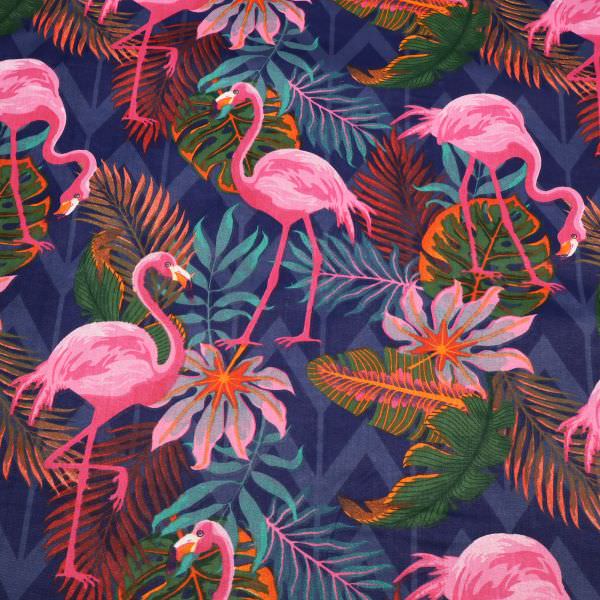 Baumwollstoff Flamingo & tropische Blätter - royalblau/pink/orange/grün Öko-Tex Standard 100