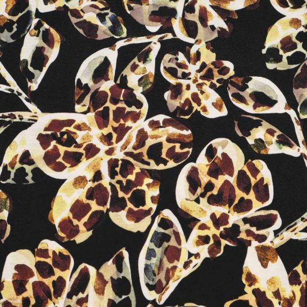 Viskosejersey Blumen mit Leoparden-Muster - schwarz/wollweiss/gelb/braun/schilfgrün