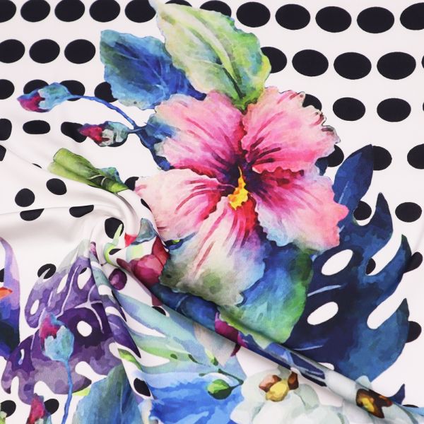 Digitaldruck Blusen- und Kleiderstoff tropische Blumen & Punkte PANEL - weiss/multicolor