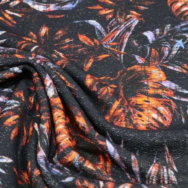 Stretch Sweatshirt Stoff Blätter - schwarz/orange/rosé/hellblau/wollweiss (2.Wahl)