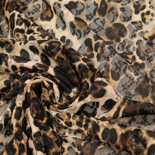 Stretch Spitzenstoff mit Leoparden-Muster & Blumen - beige/braun