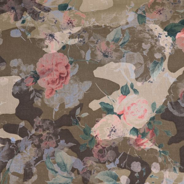 Viskosestoff Blumen & Camouflage-Style - beige/khaki/braun/rosé/grün