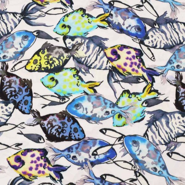 Viskosestoff bunte Fisch - weiss/gelb/türkis/blau/violett/grau/schwarz