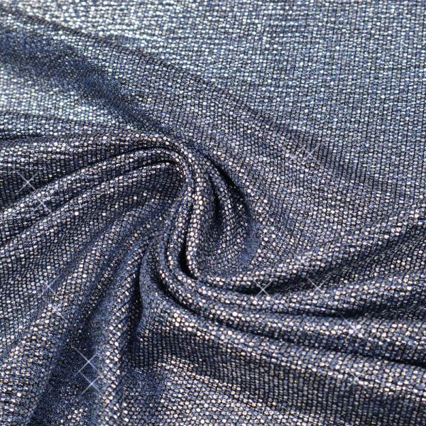 Stretch Feinstrick-Jersey Krepp-Optik & Folienprint - blau/schwarz/silber