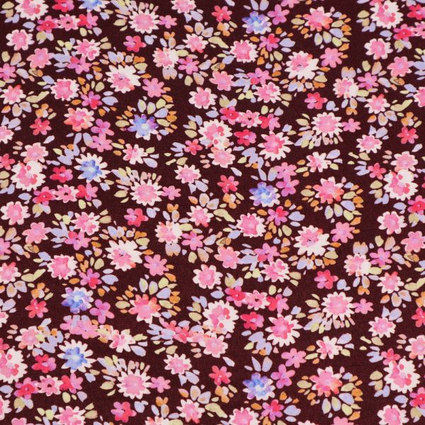 Stretch Baumwoll- Twill bunte Blumen - bordeaux/hellgelb/pink/himbeere/hellblau/wollweiss