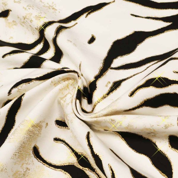 Stretch Baumwollstoff Animal Print & Gold-Effekt - wollweiss/schwarz/gold