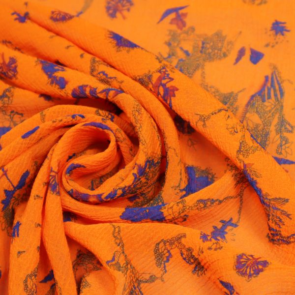 Crêpe Chiffon mit Blumen-Motiv - orange/royalblau/grün