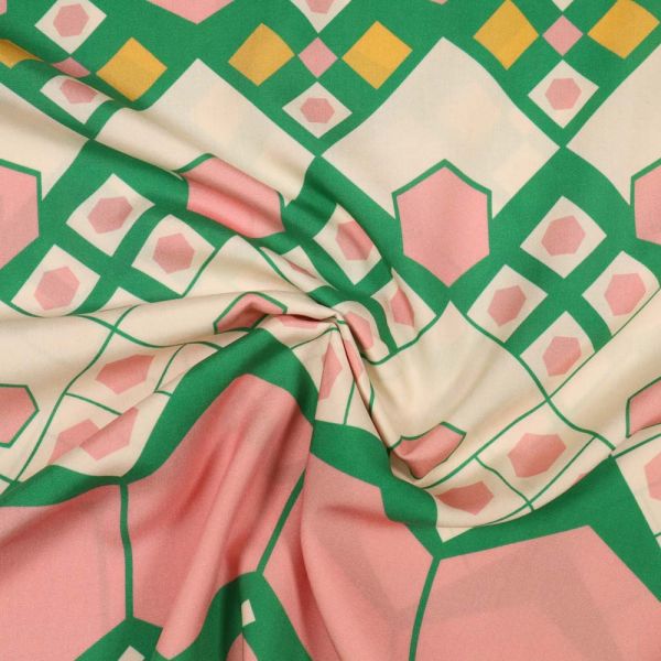 Viskosestoff mit geometrischem Muster PANEL - creme/grün/rosa/maisgelb