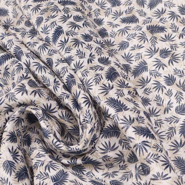 Ramie Gaze Stoff mit Blätter Motiv - wollweiss/beige/jeansblau