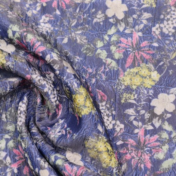 Doubleface Taft mit Blumen & gecrasht - blau/wollweiss/fuchsia/gelb