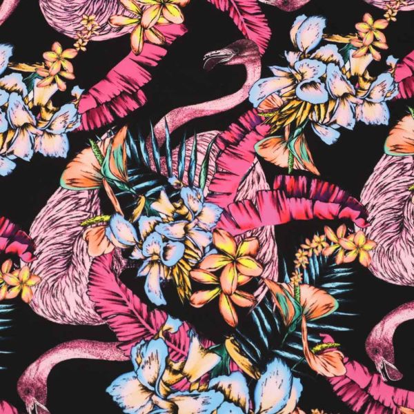 Lycra Jersey Flamingo & tropische Blumen - schwarz/fuchsia/rosé/gelb/lachs/hellblau