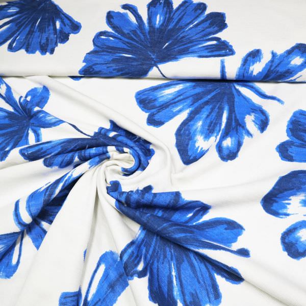 Doubleface Feinstrick-Viskosejersey blaue Blumen - wollweiss/blau/marineblau