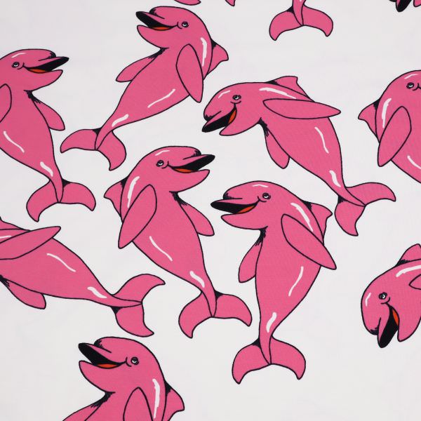 Baumwolljersey Delfine - wollweiss/pink/schwarz