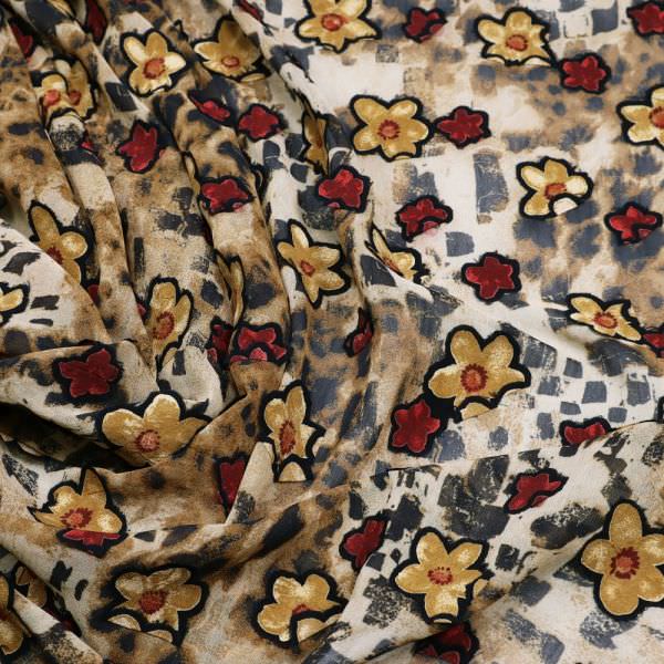 Chiffon Leopardenmuster & Blumen-Applikation - beige/braun/karminrot/schwarz