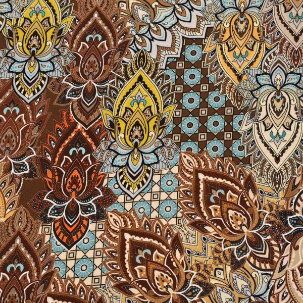 Viskosestoff Paisley & Mosaik-Design - braun/senfgelb/orange/beige/nude/türkis/petrol