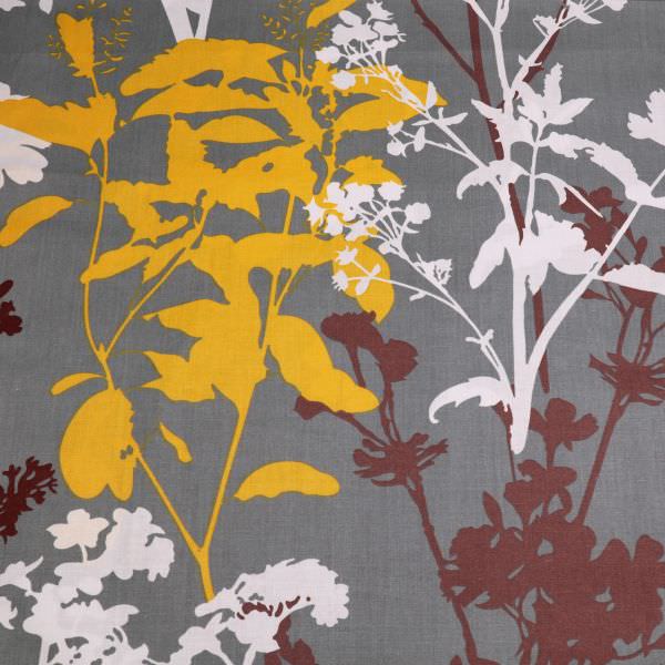 Dekostoff Baumwollstoff Herbstblumen & Blätter - grau/weiss/gelb/bordeaux Öko-Tex Standard 100