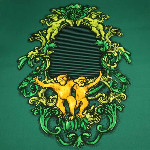 Baumwollstoff Ornamente & Affen PANEL - dunkelgrün/grün/weiss/gelb/goldgelb/schwarz