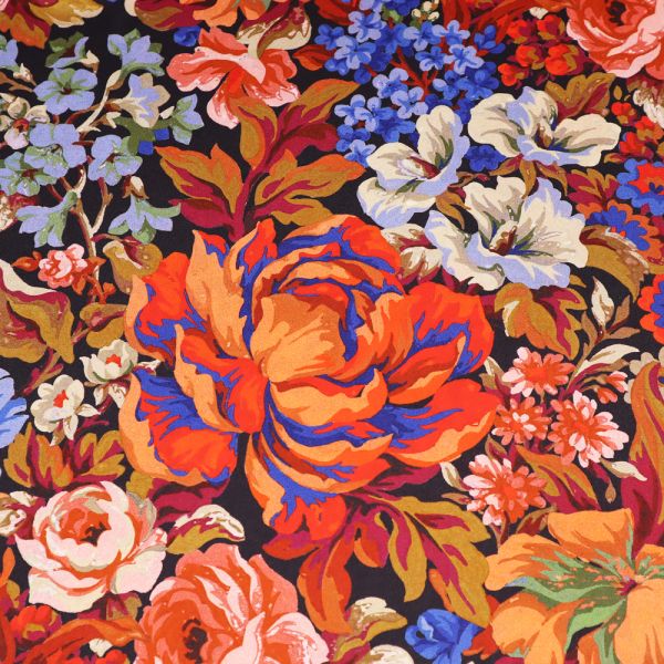 Satin bunte Blumen - schwarz/orange/rot/koralle/bordeaux/blau