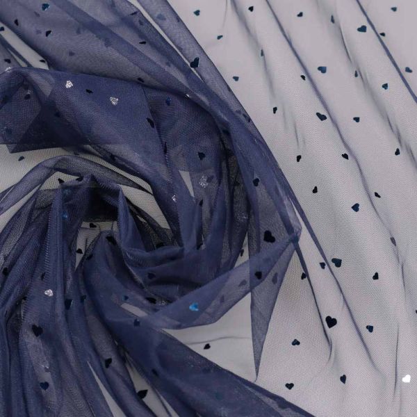 Feintüll uni mit Herzchen Folienprint - dunkelblau