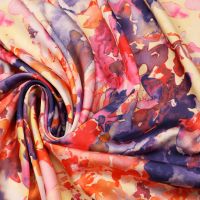 Polyester- Stretch Satin Aquarell Blumen - hellgelb/fuchsia/rosa/rot/orange/lila